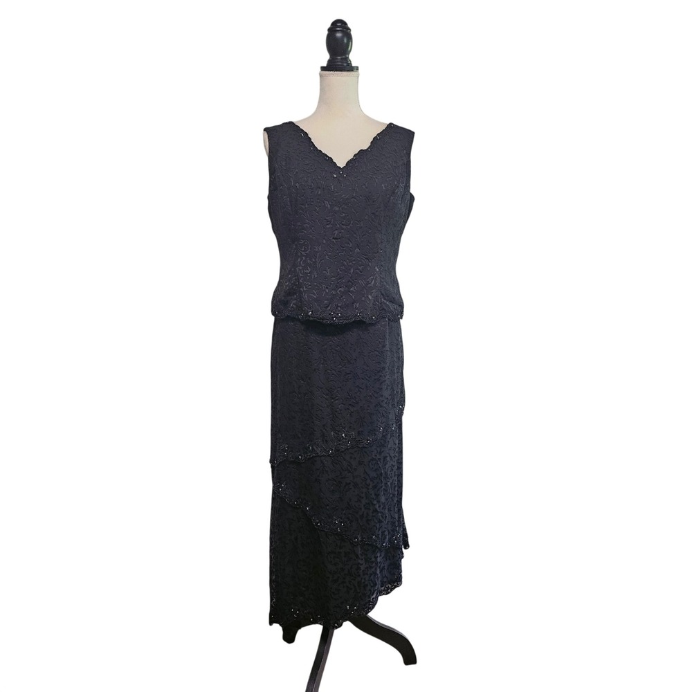 Cameron Blake Black Silk Beaded Tiered Maxi Dress Size 14 Dark Romantic Elegant